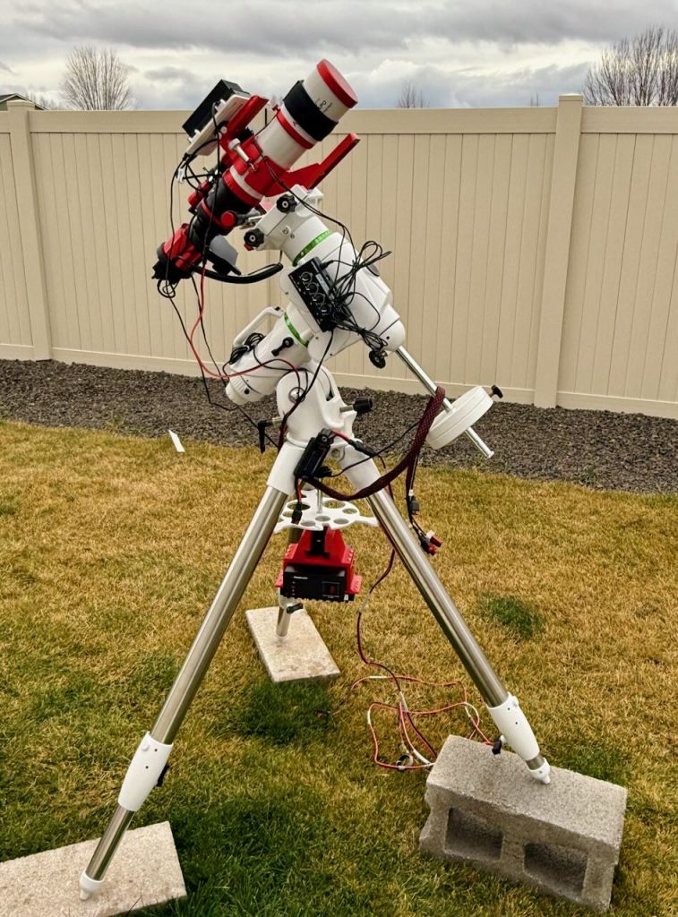 ASKAR FRA300 refractor telescope mounted on a Skywatcher EQ6-R Pro. Image captures with a ZWO ASI1600mm Pro MONO camera, all being controlled by a MELE Quieter4 mini-pc, connected remotely through remote desktop.